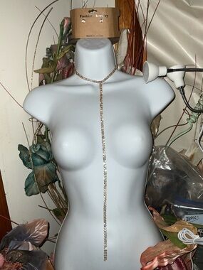 Crystal Gold tone Long Double Y-Chain Necklace Stud Earrings Set NEW